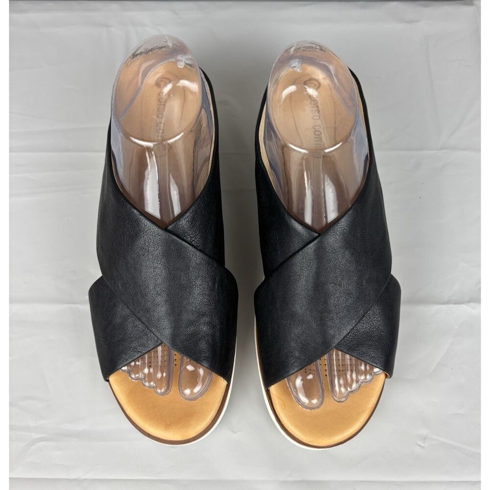 Corso Como Bilanka Leather Sandals 9M Black Wedge Cross Strap Slip-On Slide - Picture 6 of 12